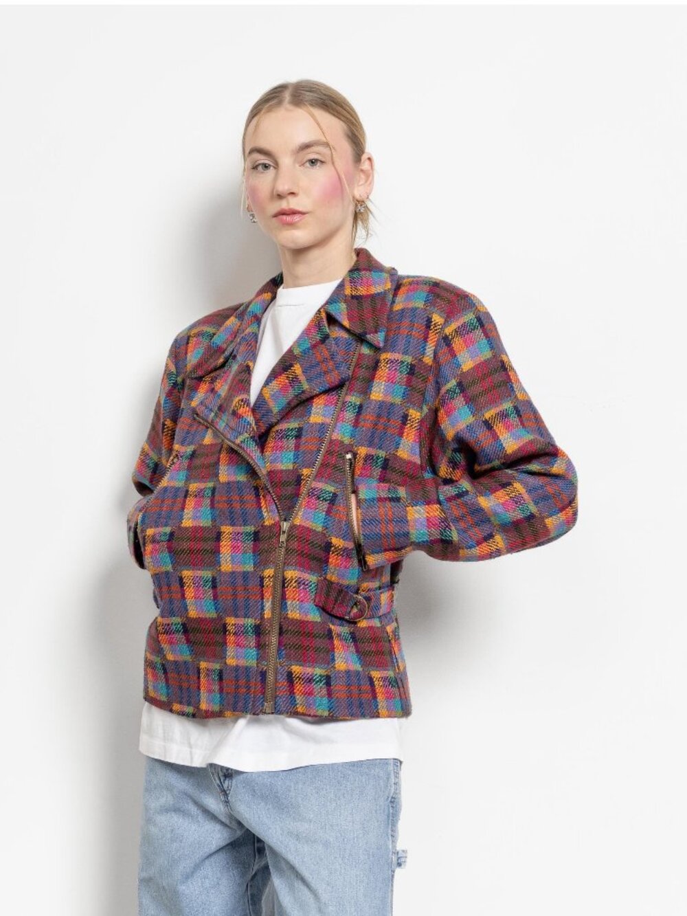 WOOL Plaid MOTORCYCLE JACKET Vintage Tweed Rainbow Woman 90's Oversize /